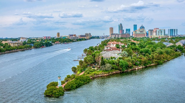 Tampa Florida travel guide image of the Tampa waterfront skyline with bay views and palm trees
